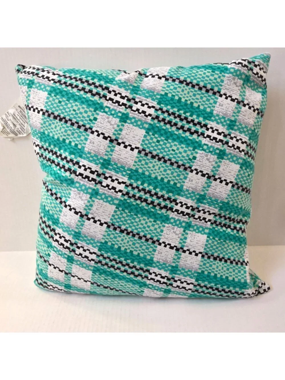 Crate & Barrel Pillow Paola Navone Turquoise Blue Green White Black Plaid 20X20